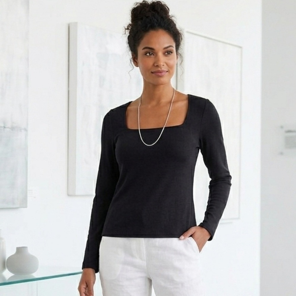 HM‎ Long Sleeve Square Neck Top S Black Ribbed Minimalist Basic Stretch Fitted